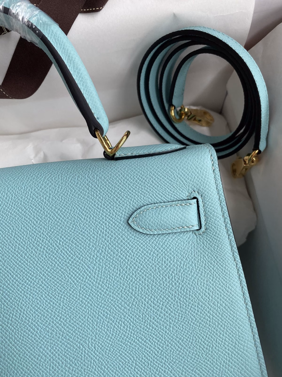 Hermes Kelly Sellier 28 Handmade Bag In Blue Atoll Epsom Calfskin - Image 4