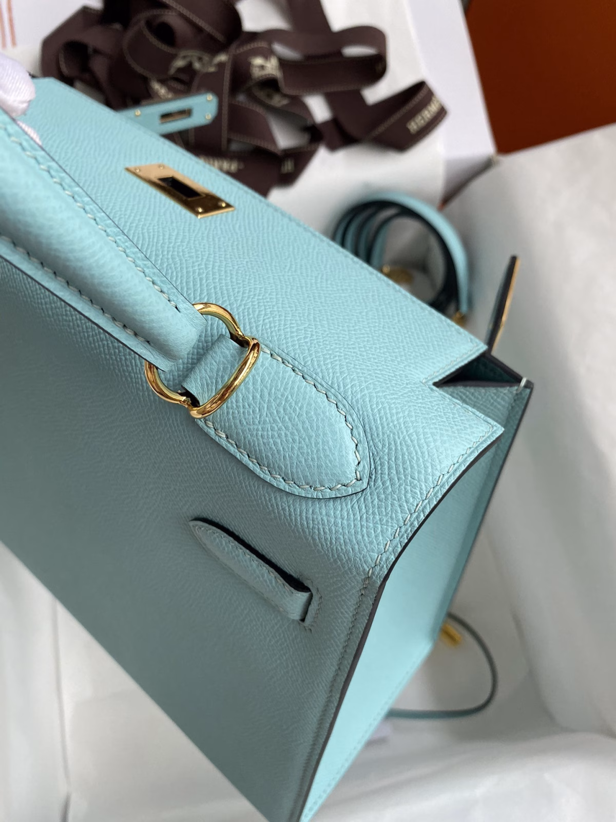 Hermes Kelly Sellier 28 Handmade Bag In Blue Atoll Epsom Calfskin - Image 5