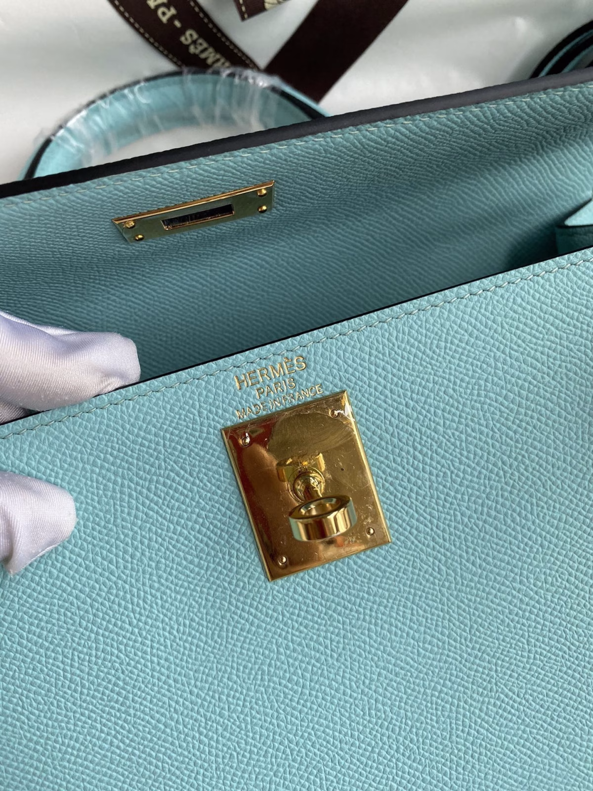 Hermes Kelly Sellier 28 Handmade Bag In Blue Atoll Epsom Calfskin - Image 2