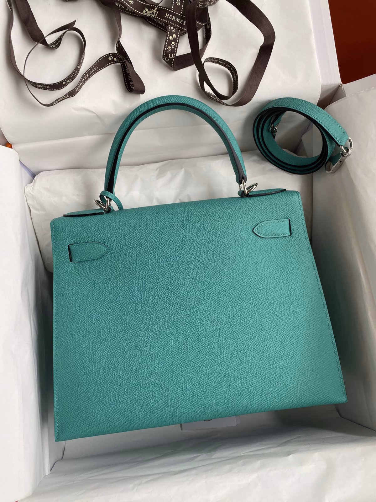 Hermes Kelly Sellier 28 Handmade Bag In Blue Paon Epsom Calfskin - Image 8
