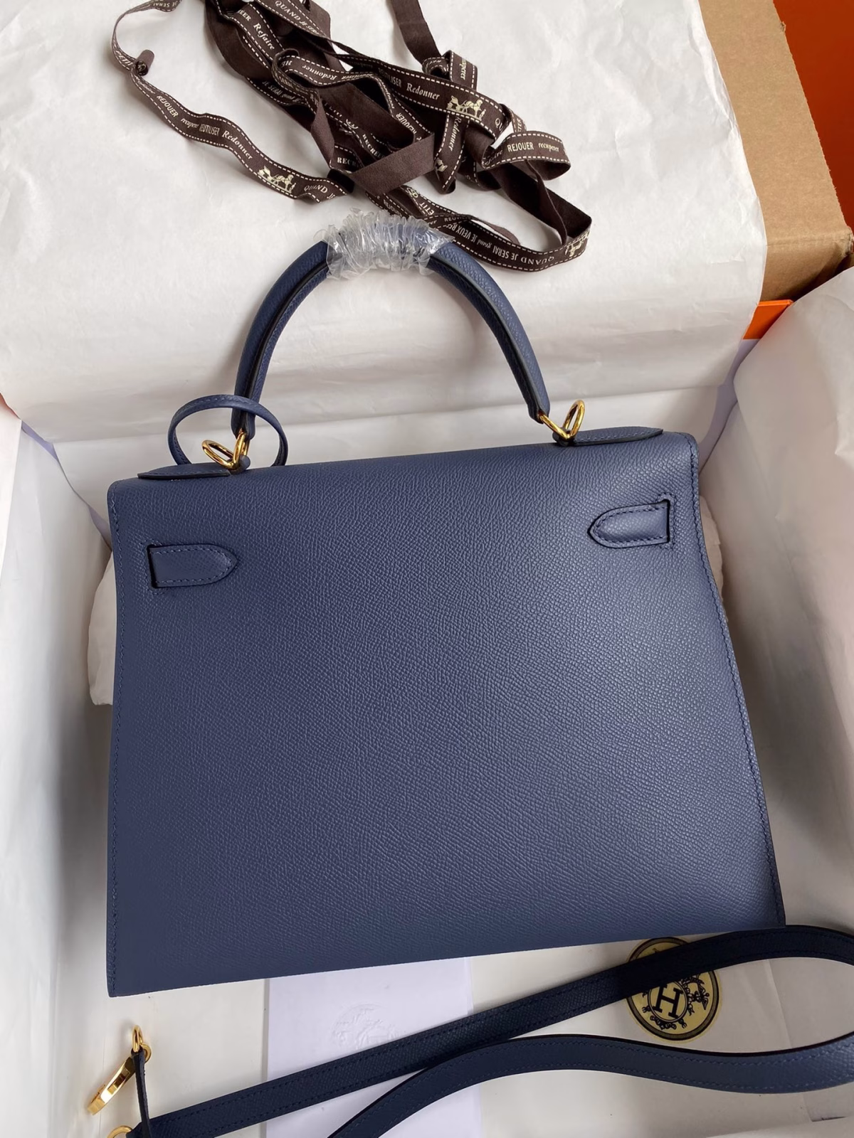 Hermes Kelly Sellier 28 Handmade Bag In Blue Saphir Epsom Calfskin - Image 9