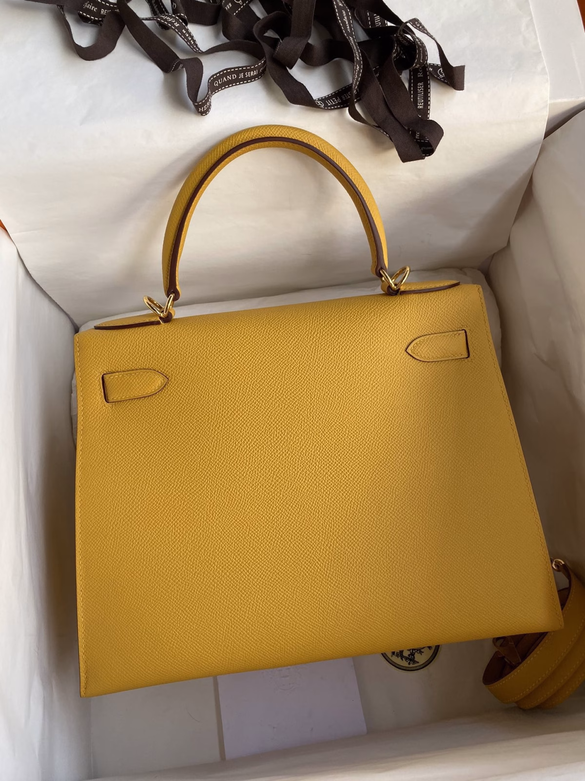 Hermes Kelly Sellier 28 Handmade Bag In Jaune Ambre Epsom Calfskin - Image 6