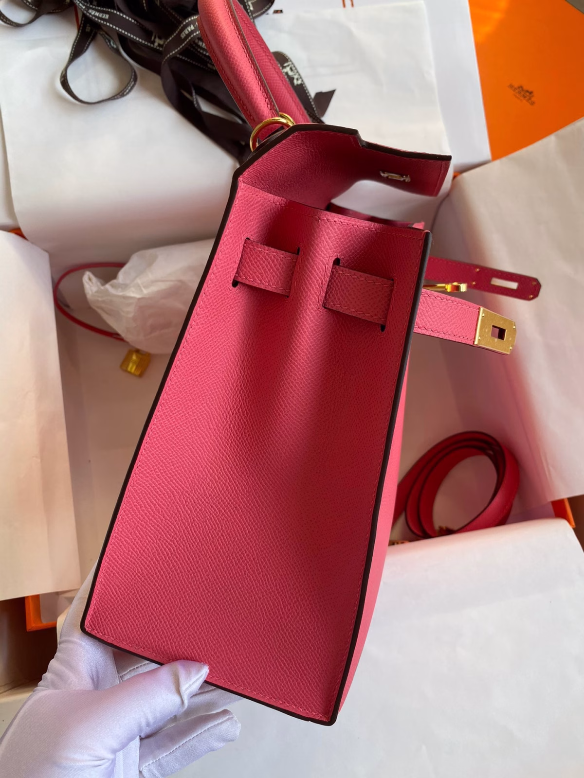 Hermes Kelly Sellier 28 Handmade Bag In Rose Lipstick Epsom Calfskin - Image 5