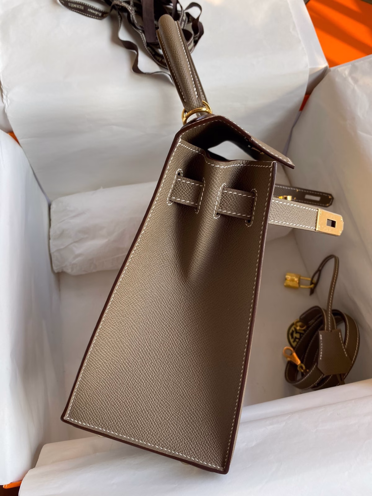 Hermes Kelly Sellier 28 Handmade Bag In Taupe Epsom Calfskin - Image 9