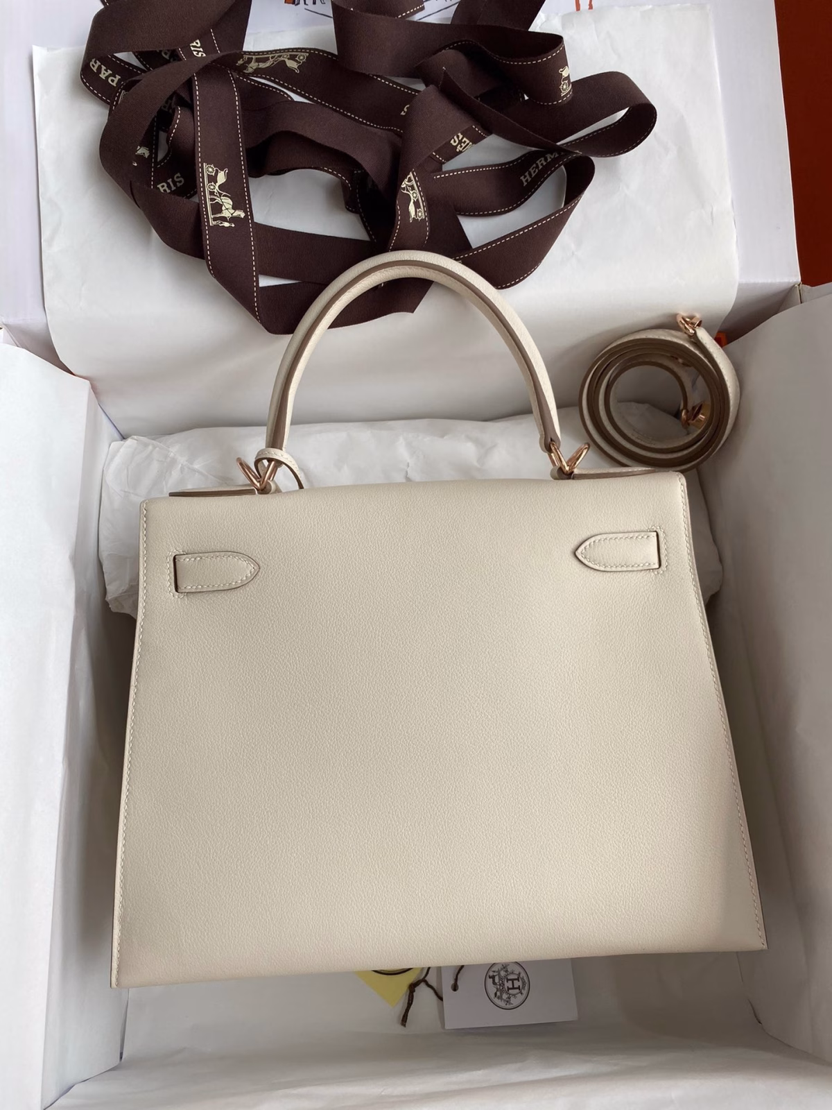 Hermes Kelly Sellier 28 Handmade Bag In Craie Evercolor Calfskin - Image 6