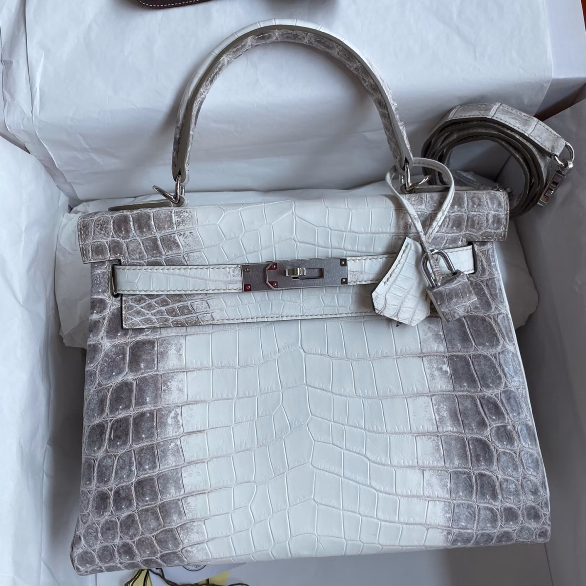 Hermes Kelly Retourne 28 Handmade Bag In Himalaya Crocodile Niloticus Skin - Image 1