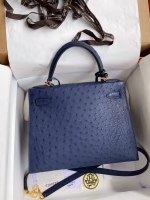 Hermes Kelly Sellier 28 Handmade Bag In Blue Iris Ostrich Leather - Image 6