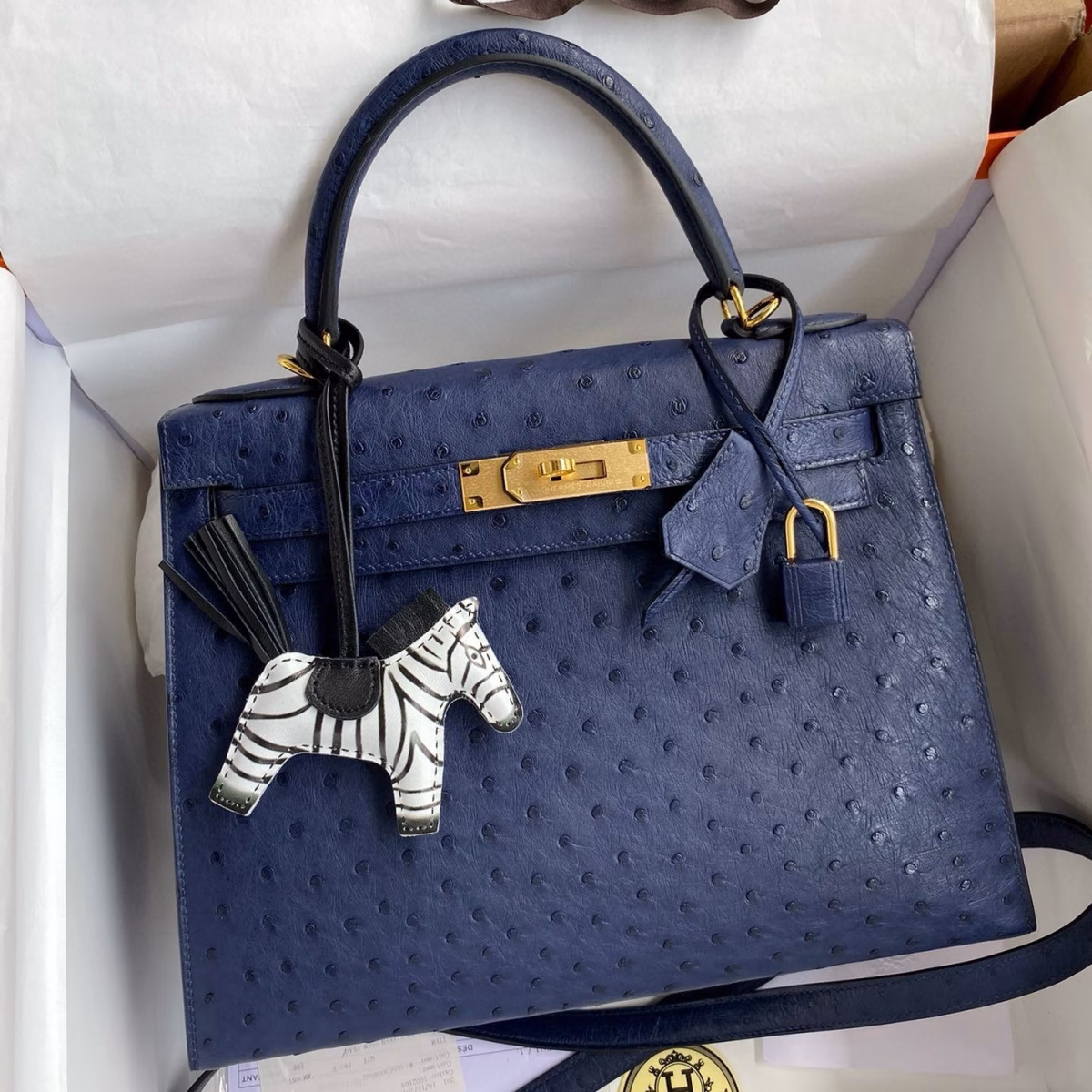 Hermes Kelly Sellier 28 Handmade Bag In Blue Iris Ostrich Leather - Image 1