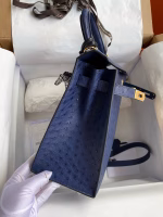 Hermes Kelly Sellier 28 Handmade Bag In Blue Iris Ostrich Leather - Image 9