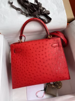 Hermes Kelly Sellier 28 Handmade Bag In Red Ostrich Leather - Image 2