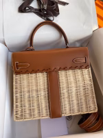 Hermes Picnic Kelly 28cm Bag in Wicker with Barenia Leather - Image 6