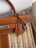 Hermes Picnic Kelly 28cm Bag in Wicker with Barenia Leather - Image 7