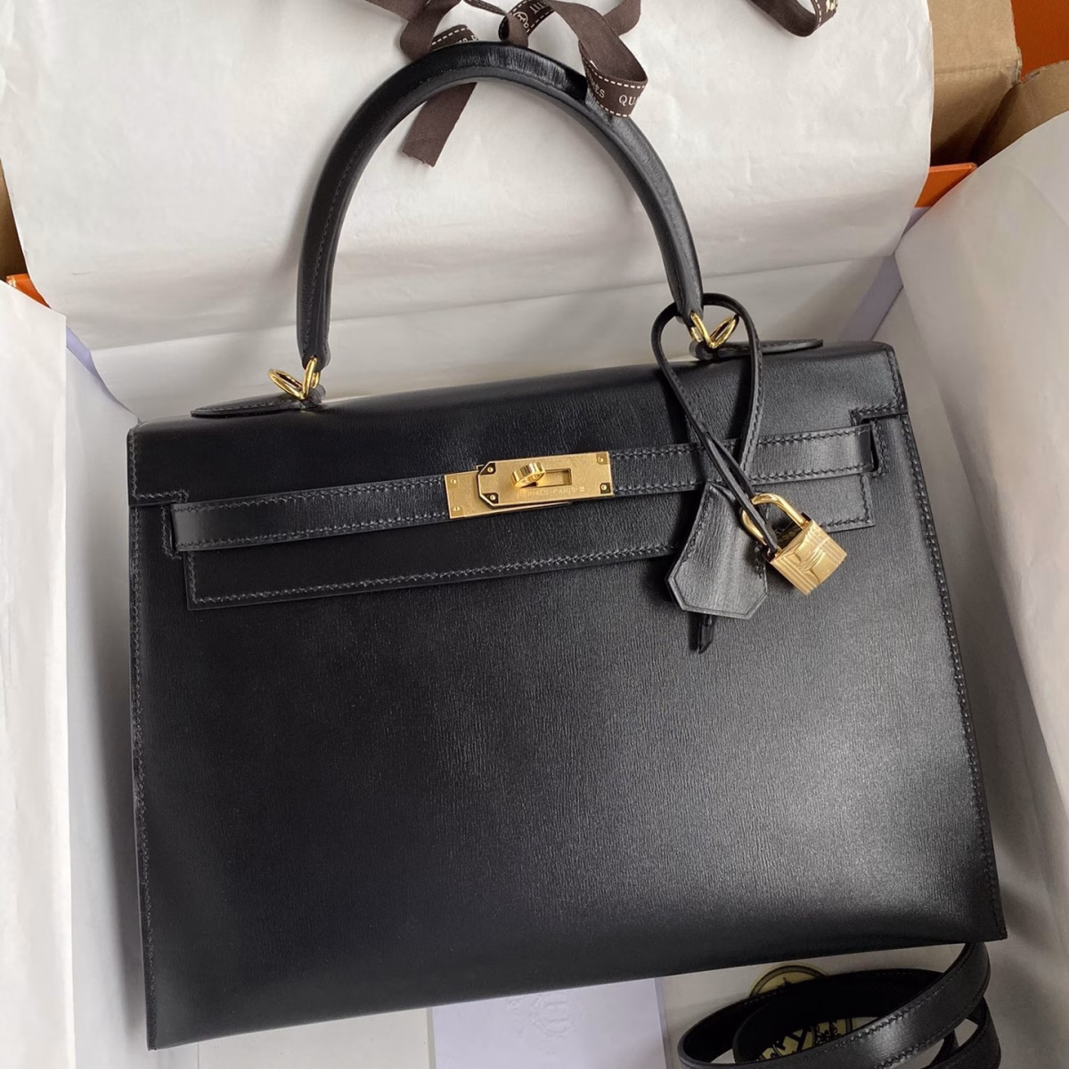 Hermes Kelly Sellier 32 Handmade Bag In Black Box Calfskin - Image 1