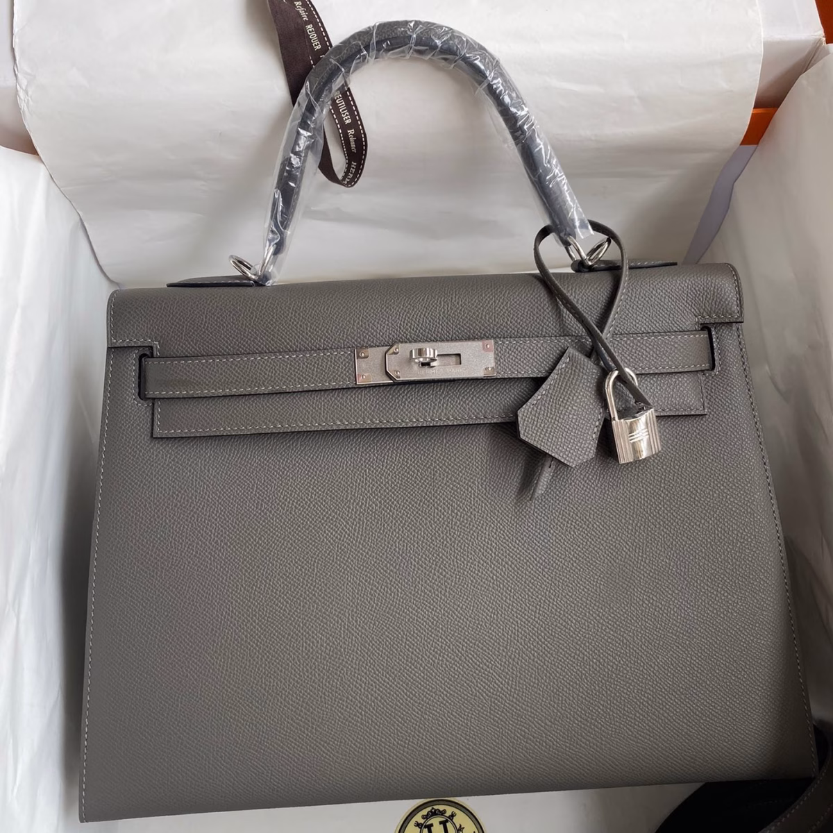 Hermes Kelly Sellier 32 Handmade Bag In Etain Epsom Calfskin - Image 1