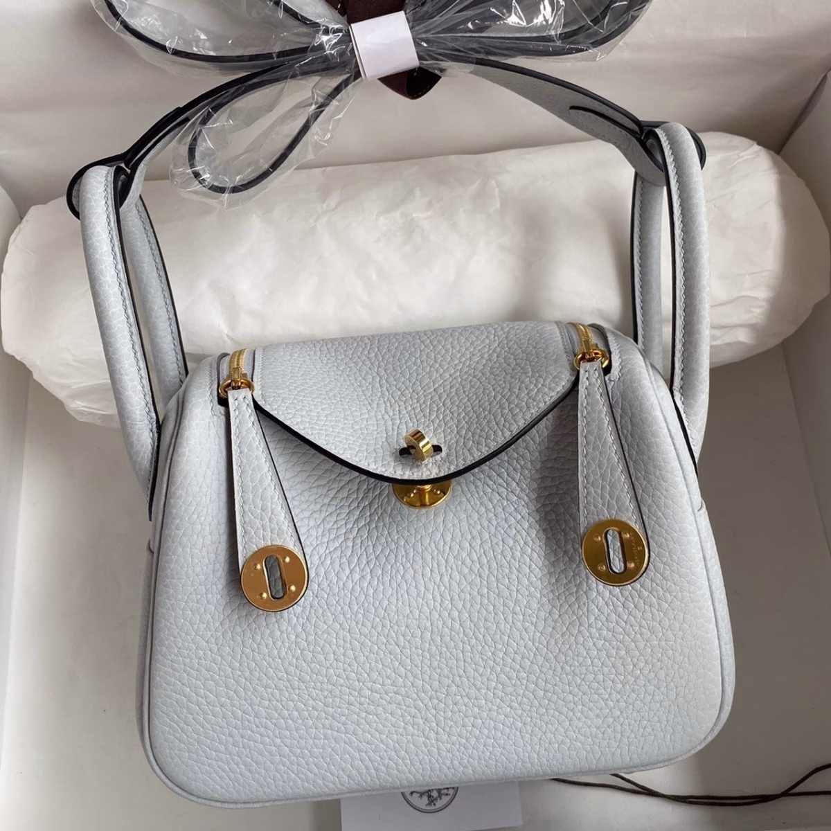 Hermes Mini Lindy Handmade Bag In Blue Brume Clemence Leather - Image 1