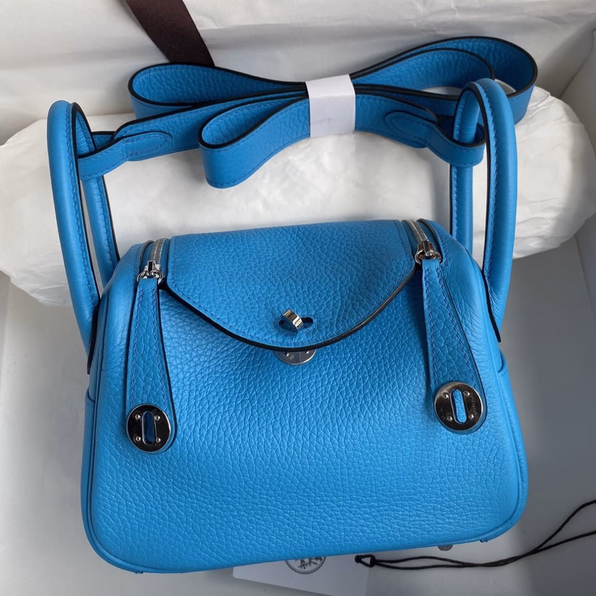 Hermes Mini Lindy Handmade Bag In Blue Frida Clemence Leather - Image 1