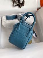 Hermes Mini Lindy Handmade Bag In Blue Jean Clemence Leather - Image 6