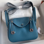 Hermes Mini Lindy Handmade Bag In Blue Jean Clemence Leather