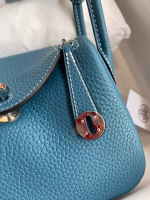 Hermes Mini Lindy Handmade Bag In Blue Jean Clemence Leather - Image 7