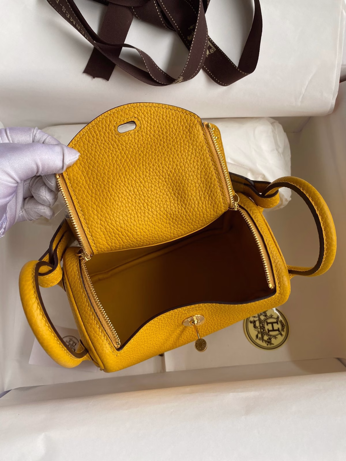 Hermes Mini Lindy Handmade Bag In Jaune Ambre Clemence Leather - Image 4