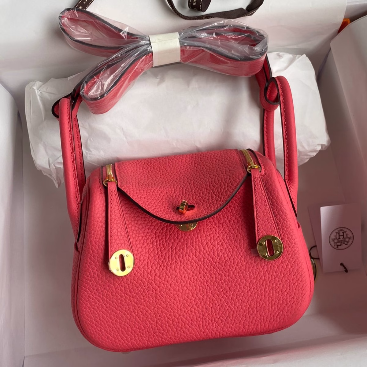 Hermes Mini Lindy Handmade Bag In Rose Lipstick Clemence Leather - Image 1
