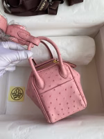 Hermes Mini Lindy Handmade Bag In Rose Sakura Ostrich Leather - Image 9