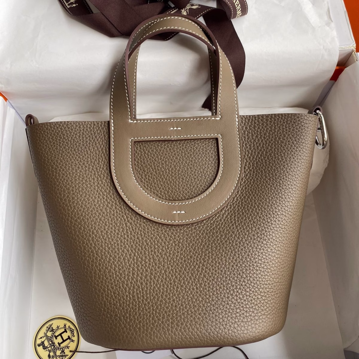 Hermes In The Loop 18 Handmade Bag in Taupe Clemence Leatherther - Image 1