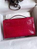 Hermes Kelly Pochette Handmade Bag In Rose Extreme Shiny Alligator Leather - Image 7