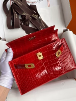 Hermes Kelly Pochette Handmade Bag In Red Shiny Alligator Leather - Image 5