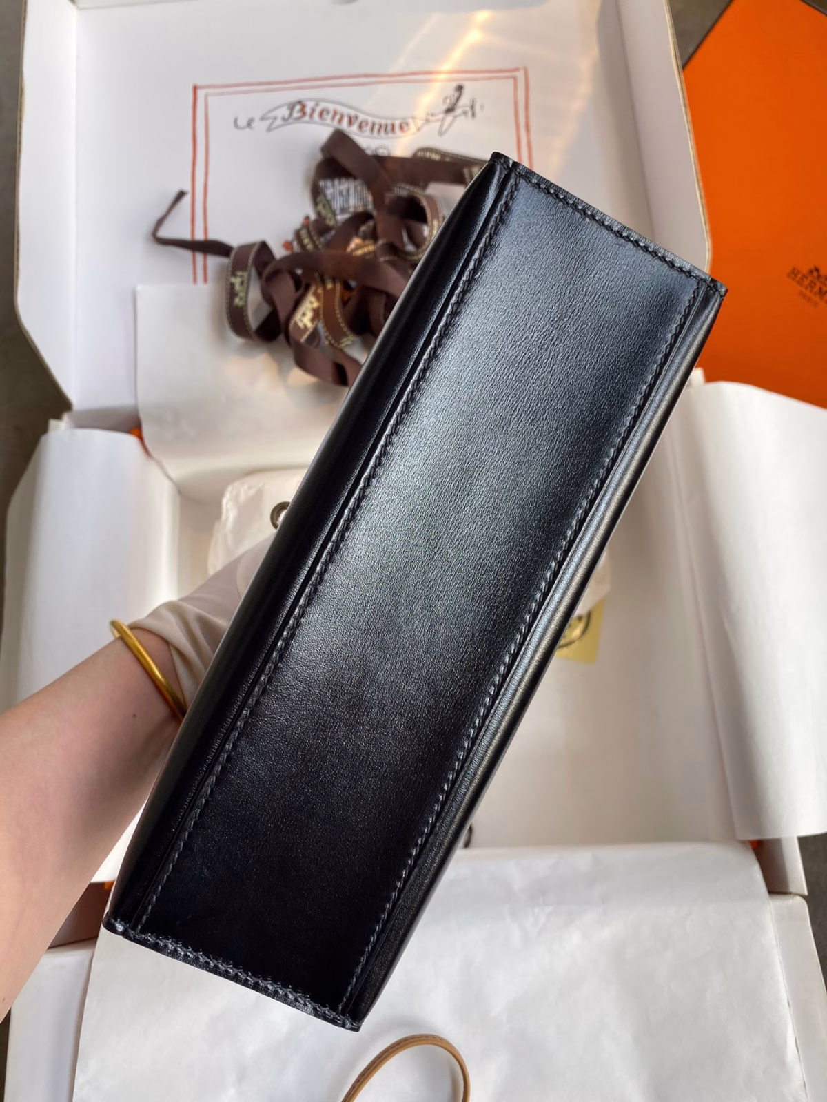 Hermes Kelly Pochette Handmade Bag In Black Box Calfskin - Image 7