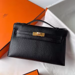 Hermes Kelly Pochette Handmade Bag In Black Chevre Mysore Leather - Image 6