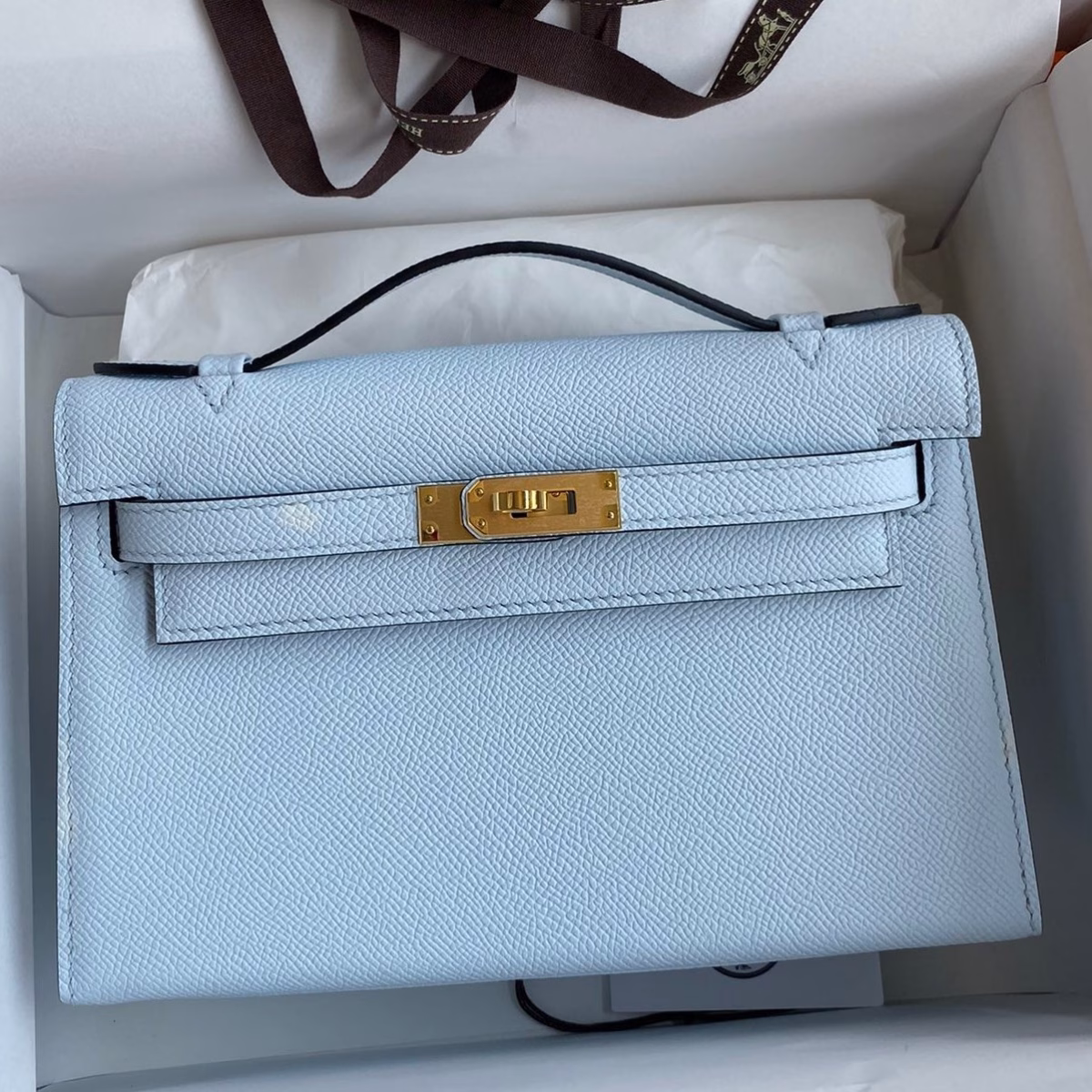 Hermes Kelly Pochette Handmade Bag In Blue Brume Epsom Calfskin - Image 1