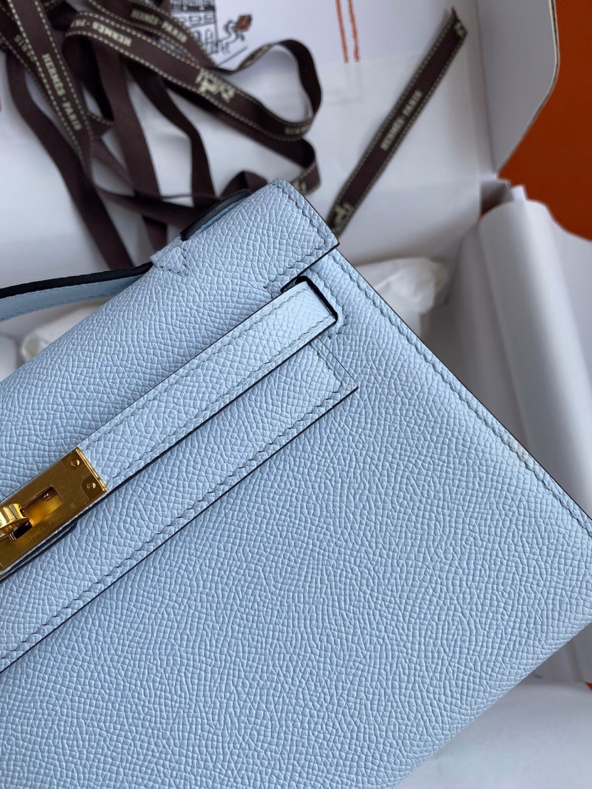 Hermes Kelly Pochette Handmade Bag In Blue Brume Epsom Calfskin - Image 8