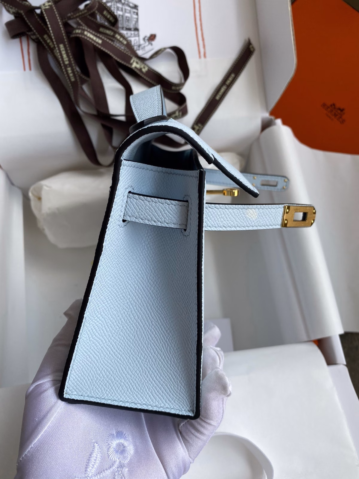 Hermes Kelly Pochette Handmade Bag In Blue Brume Epsom Calfskin - Image 3