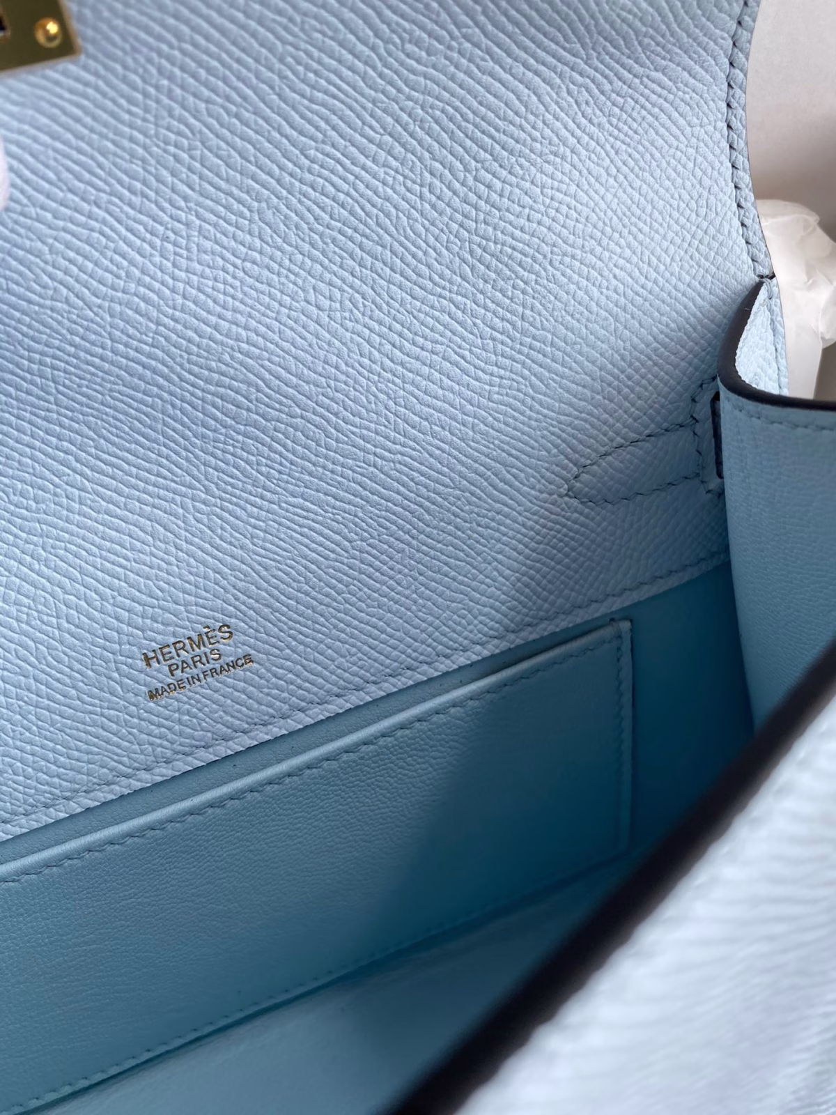 Hermes Kelly Pochette Handmade Bag In Blue Brume Epsom Calfskin - Image 5