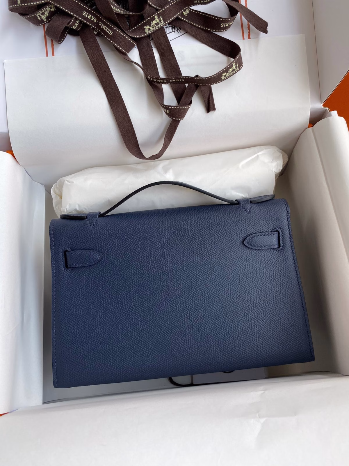 Hermes Kelly Pochette Handmade Bag In Blue Saphir Epsom Calfskin - Image 6