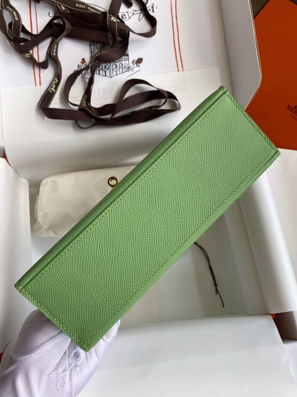 Hermes Kelly Pochette Handmade Bag In Vert Cypres Epsom Calfskin - Image 7