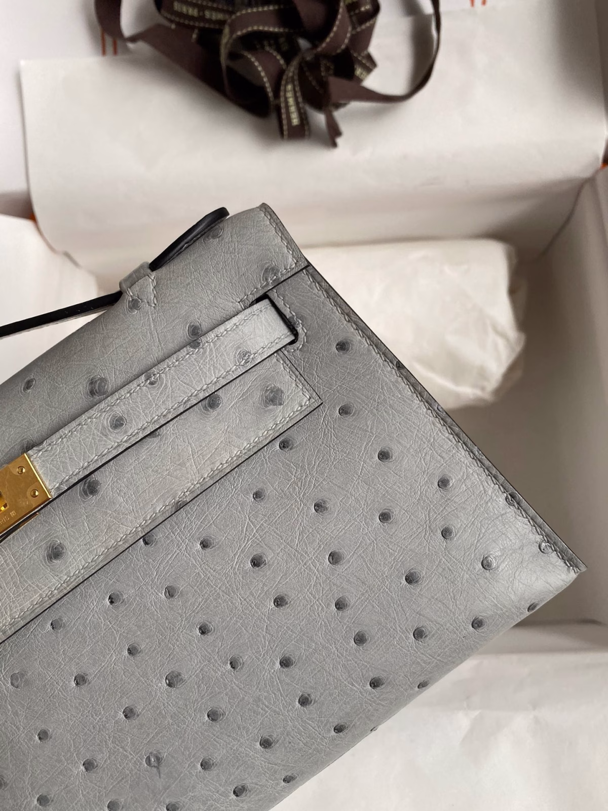 Hermes Kelly Pochette Handmade Bag In Blue Glacier Ostrich Leather - Image 8