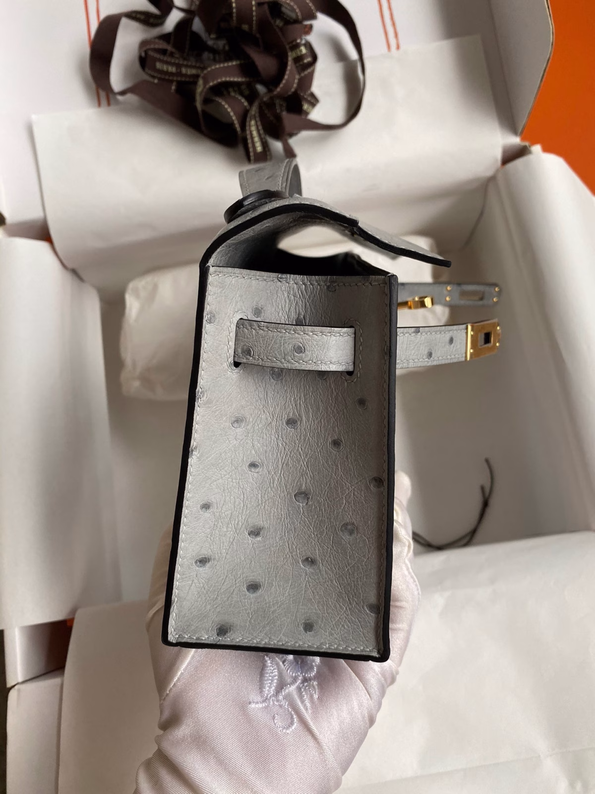 Hermes Kelly Pochette Handmade Bag In Blue Glacier Ostrich Leather - Image 3