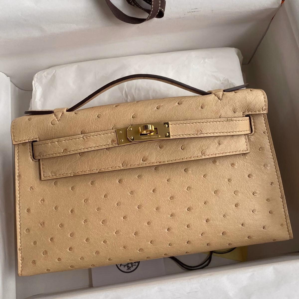 Hermes Kelly Pochette Handmade Bag In Chai Ostrich Leather - Image 1