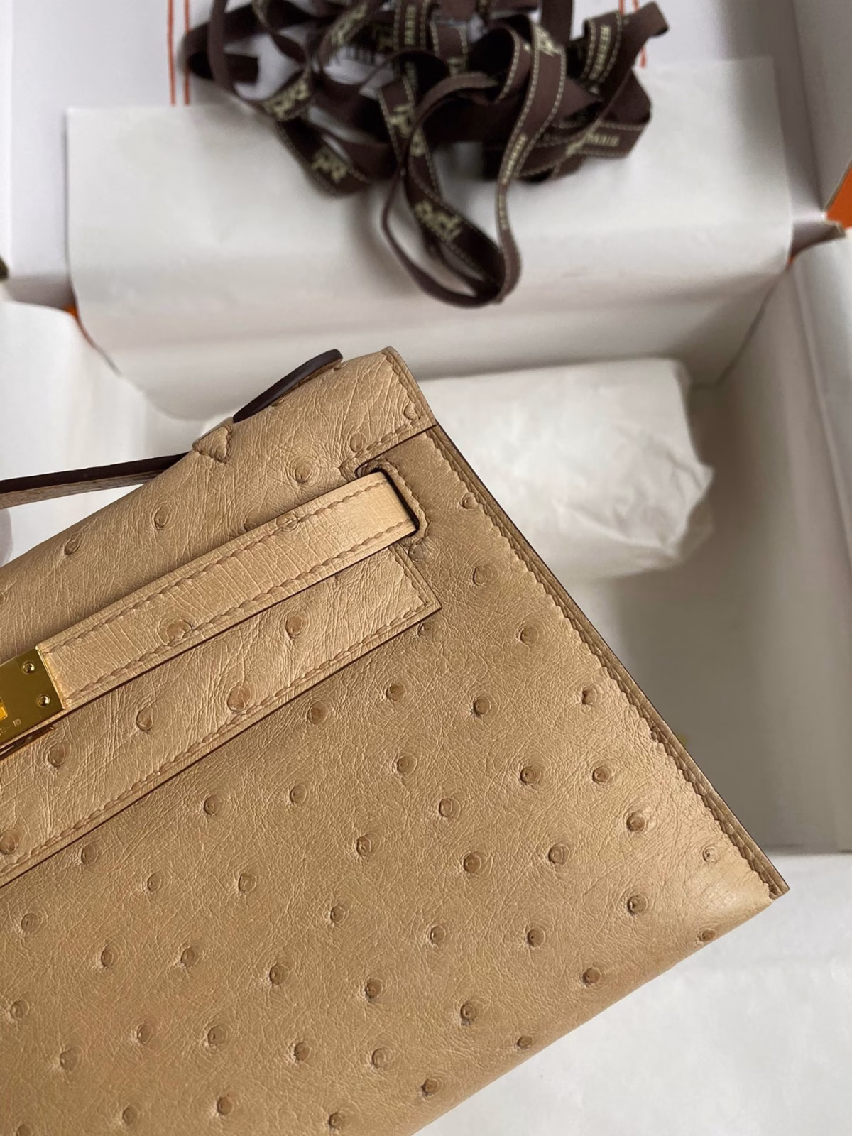 Hermes Kelly Pochette Handmade Bag In Chai Ostrich Leather - Image 8