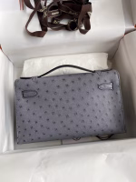 Hermes Kelly Pochette Handmade Bag In Gris Agate Ostrich Leather - Image 6