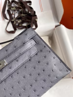 Hermes Kelly Pochette Handmade Bag In Gris Agate Ostrich Leather - Image 9