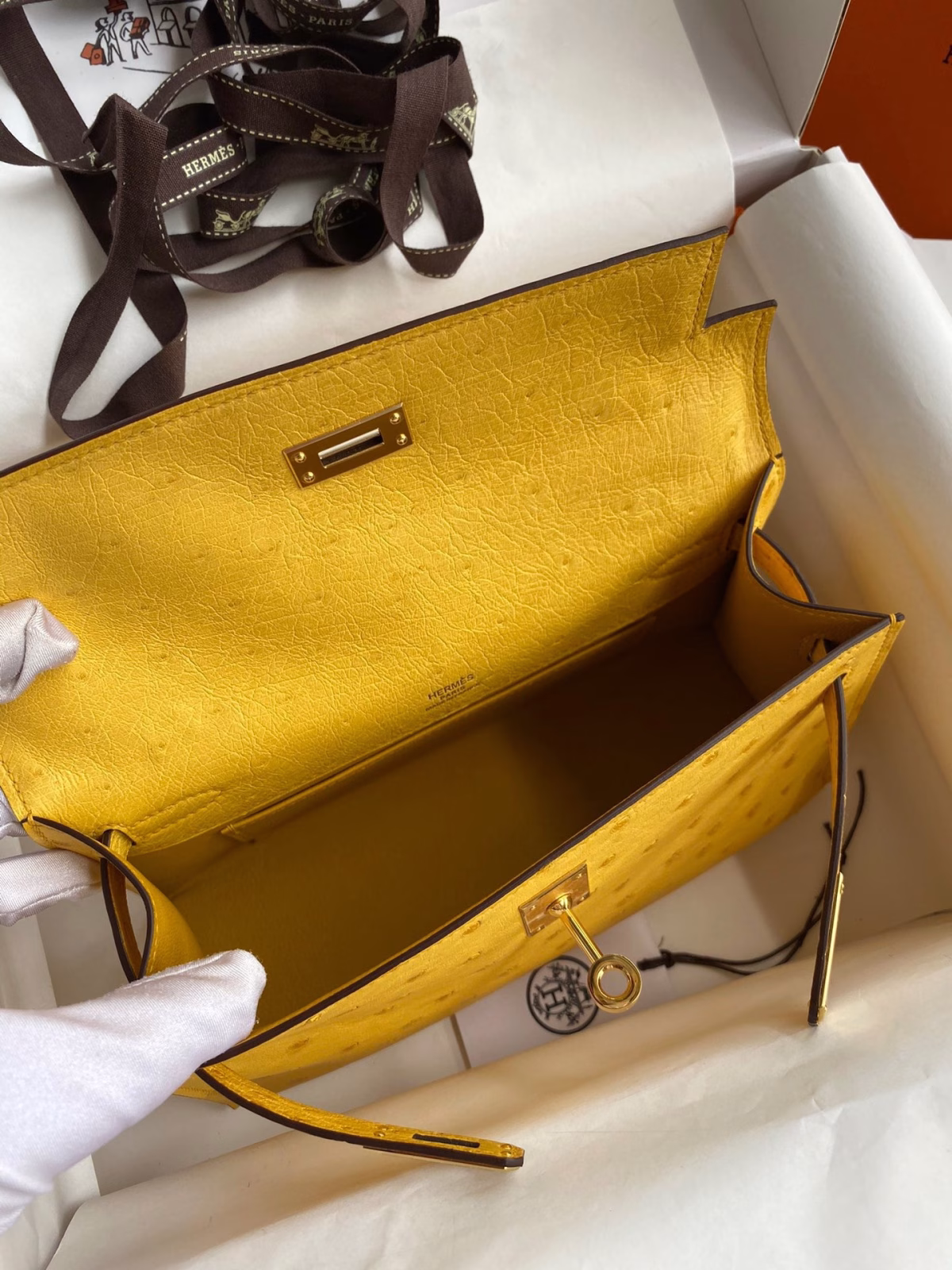 Hermes Kelly Pochette Handmade Bag In Jaune Ambre Ostrich Leather - Image 4