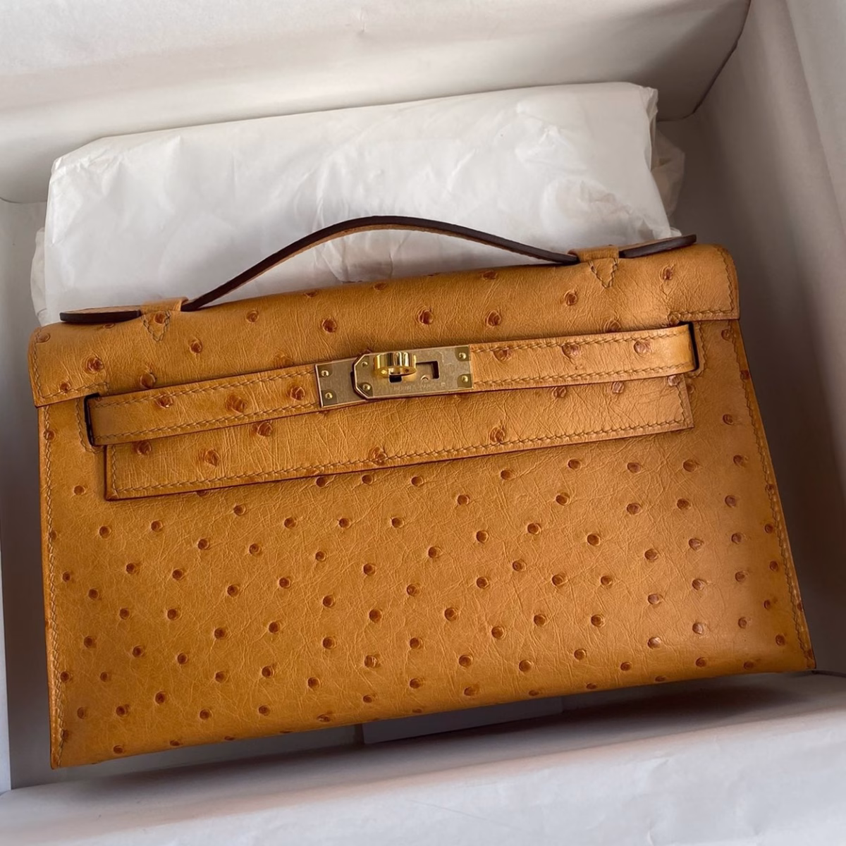 Hermes Kelly Pochette Handmade Bag In Sesame Ostrich Leather - Image 1