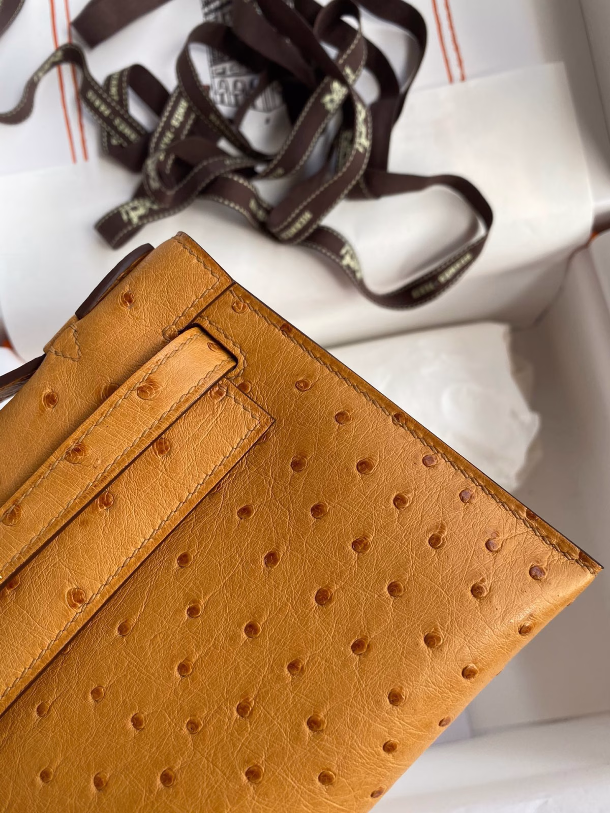 Hermes Kelly Pochette Handmade Bag In Sesame Ostrich Leather - Image 9