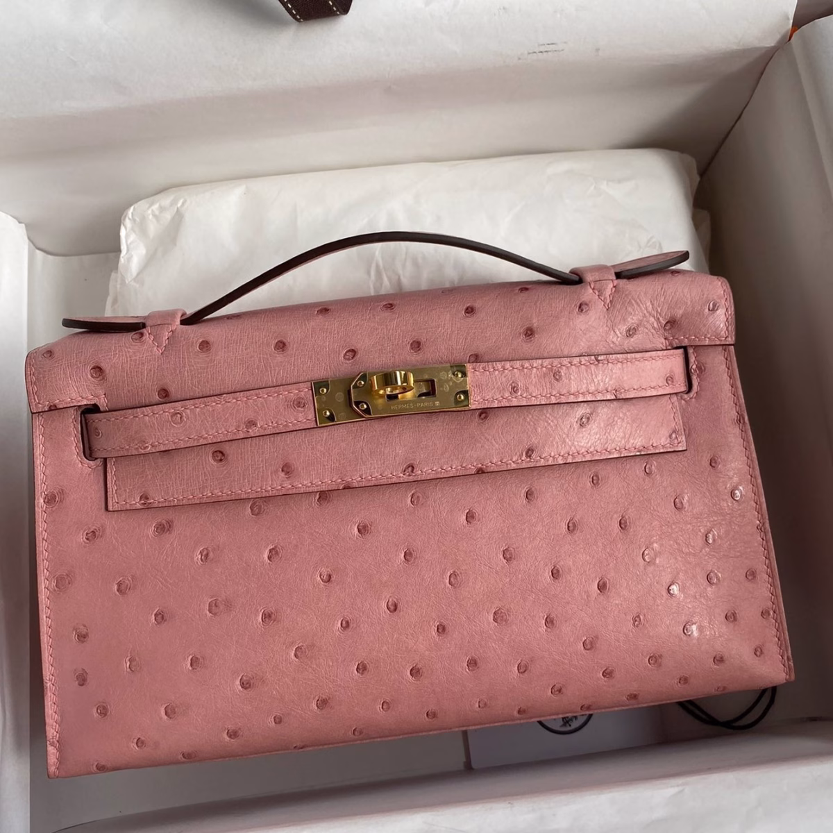 Hermes Kelly Pochette Handmade Bag In Terre Cuite Ostrich Leather - Image 1