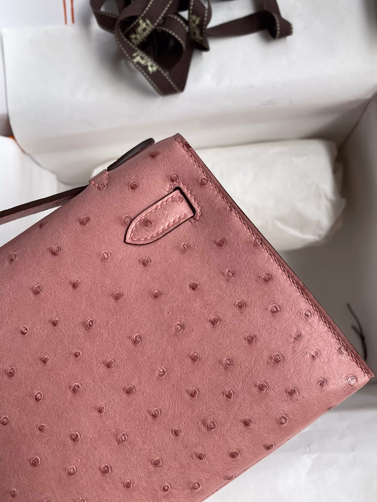 Hermes Kelly Pochette Handmade Bag In Terre Cuite Ostrich Leather - Image 8