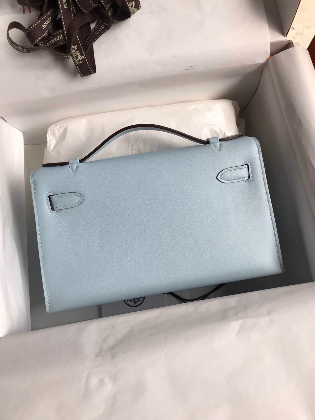 Hermes Kelly Pochette Handmade Bag In Blue Brume Swift Calfskin - Image 6
