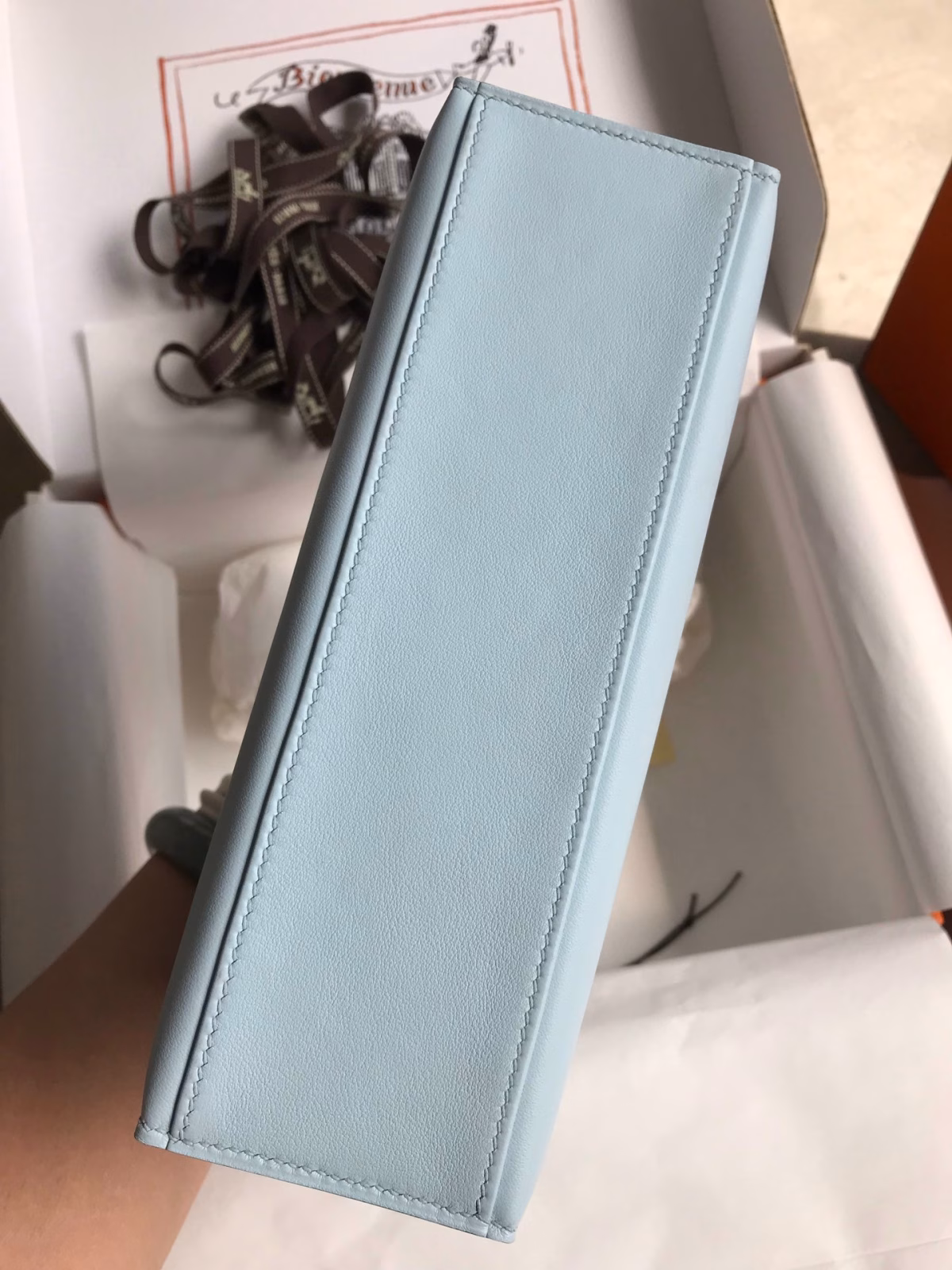 Hermes Kelly Pochette Handmade Bag In Blue Brume Swift Calfskin - Image 7